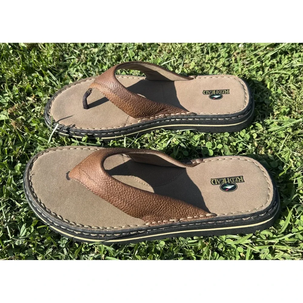 RedHead Sandals Mens Size 13 Brown Leather Thong Flip Flop Cushioned Casual